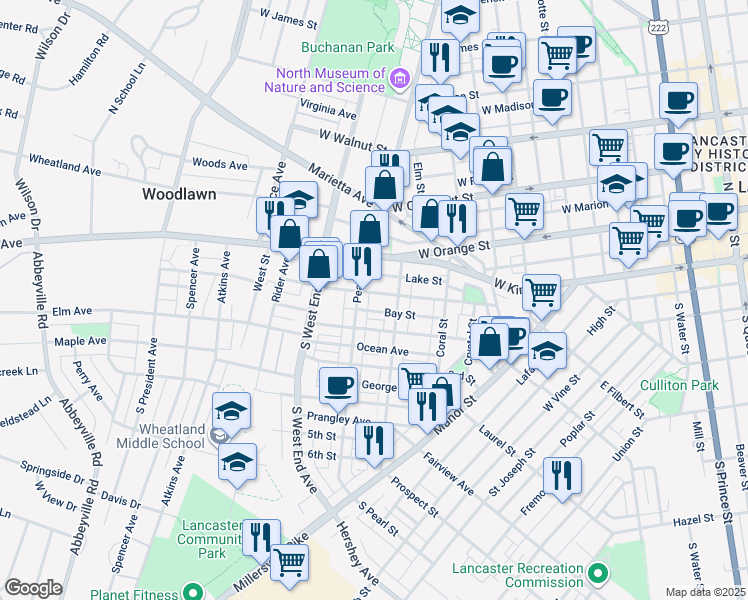 map of restaurants, bars, coffee shops, grocery stores, and more near 730 1st Street in Lancaster