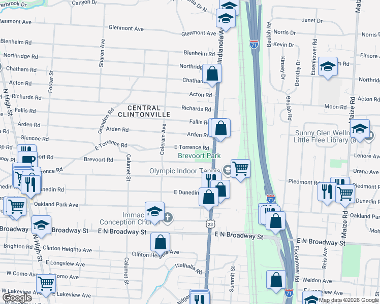 map of restaurants, bars, coffee shops, grocery stores, and more near 527 East Torrence Road in Columbus