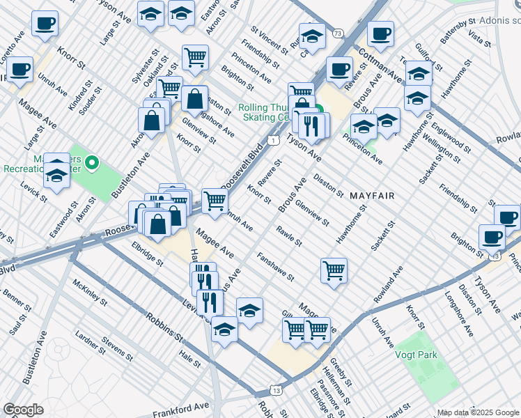 map of restaurants, bars, coffee shops, grocery stores, and more near 2813 Rawle Street in Philadelphia