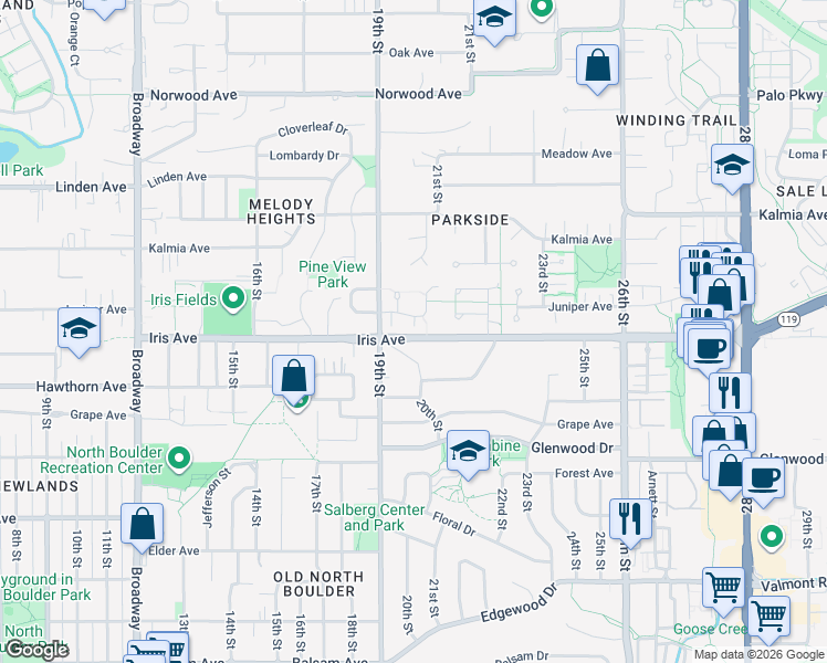 map of restaurants, bars, coffee shops, grocery stores, and more near 2006 Joslyn Place in Boulder