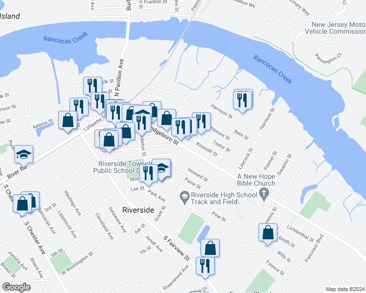 map of restaurants, bars, coffee shops, grocery stores, and more near 405 Bridgeboro Street in Riverside