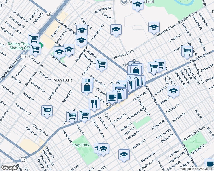 map of restaurants, bars, coffee shops, grocery stores, and more near 3359 Friendship Street in Philadelphia
