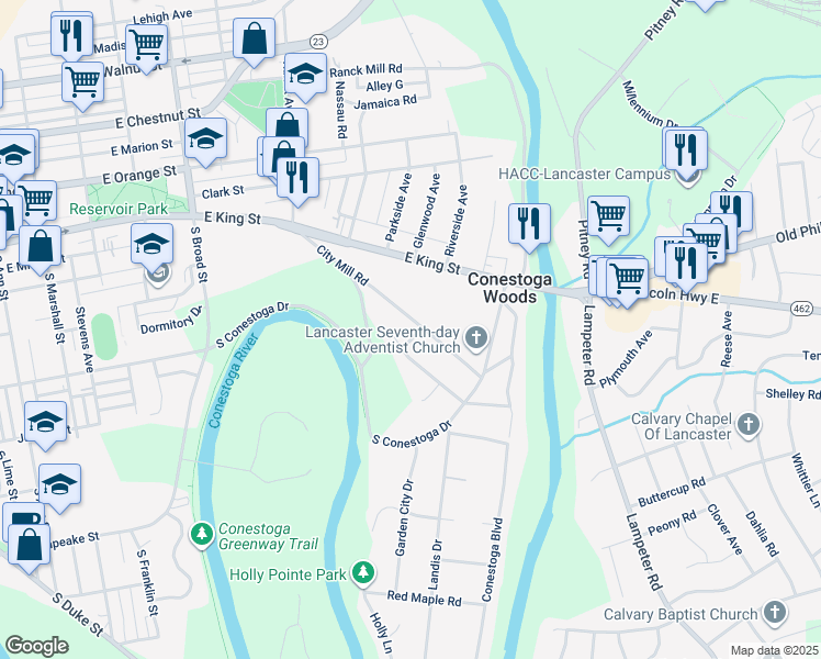 map of restaurants, bars, coffee shops, grocery stores, and more near 128 City Mill Road in Lancaster