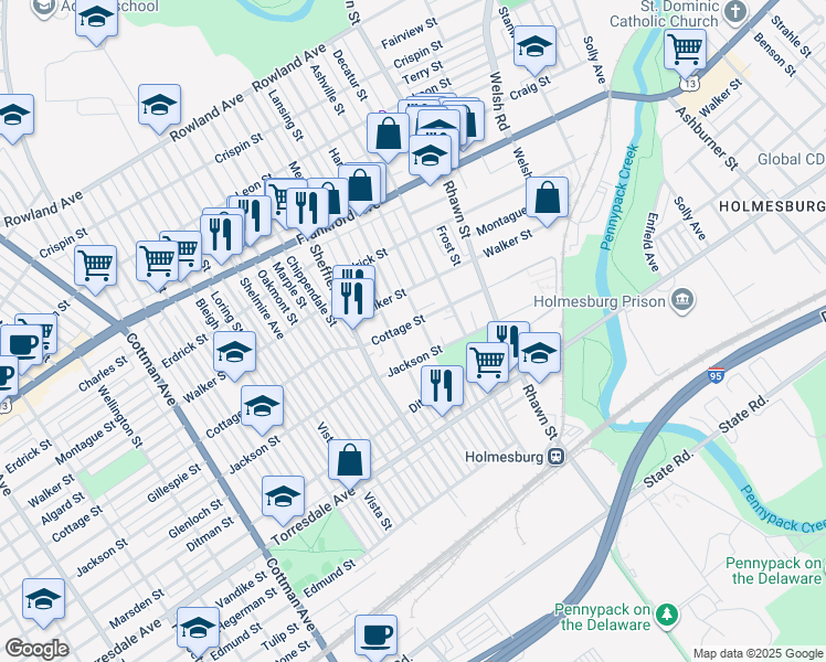map of restaurants, bars, coffee shops, grocery stores, and more near 7767 Cottage Street in Philadelphia