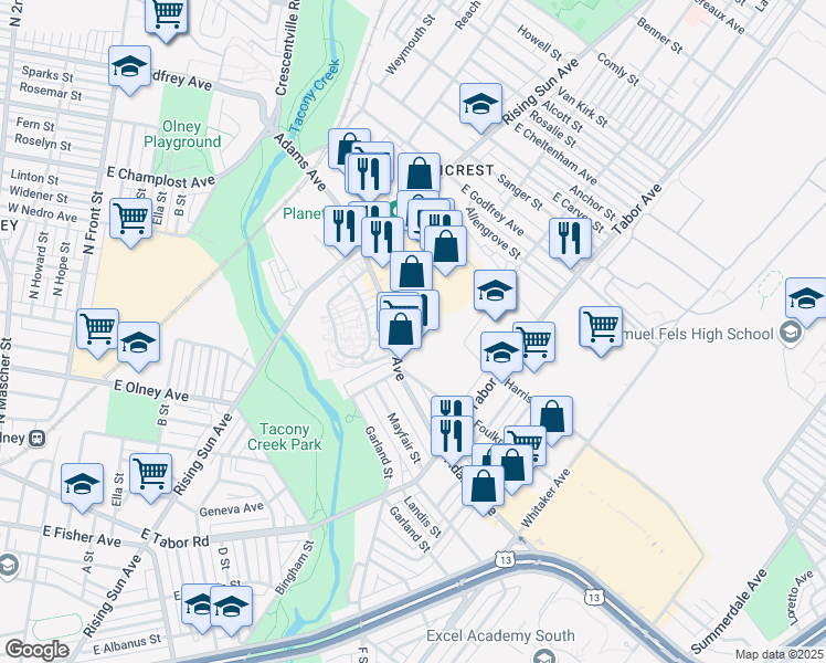 map of restaurants, bars, coffee shops, grocery stores, and more near 555 Adams Avenue in Philadelphia