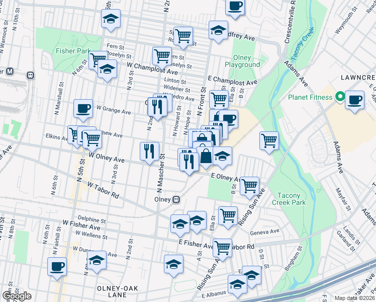 map of restaurants, bars, coffee shops, grocery stores, and more near 5640 North Front Street in Philadelphia