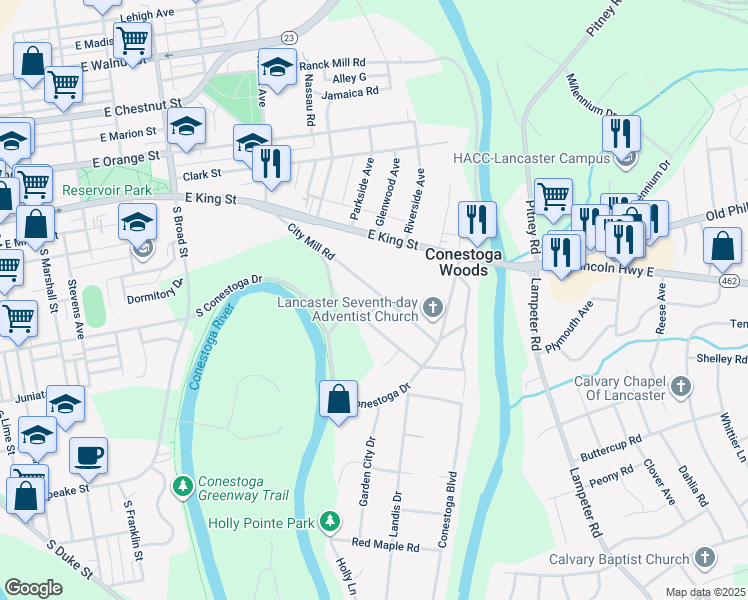 map of restaurants, bars, coffee shops, grocery stores, and more near 128 City Mill Road in Lancaster