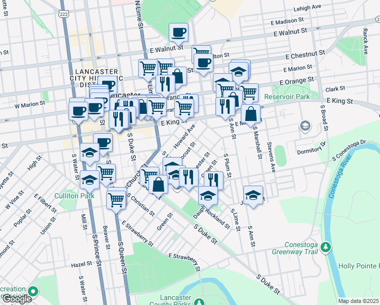 map of restaurants, bars, coffee shops, grocery stores, and more near 105 Locust Street in Lancaster