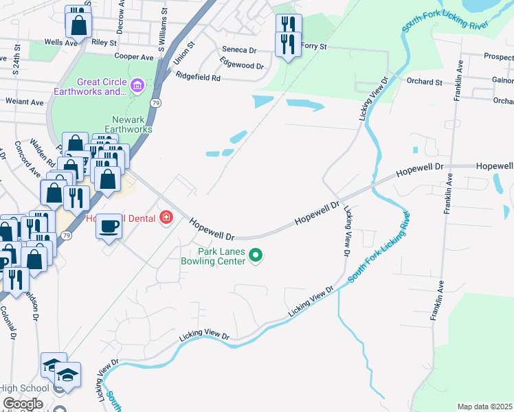 map of restaurants, bars, coffee shops, grocery stores, and more near 650 Hopewell Drive in Heath