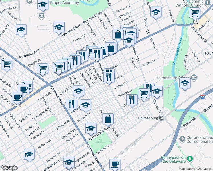 map of restaurants, bars, coffee shops, grocery stores, and more near 4317 Sheffield Avenue in Philadelphia