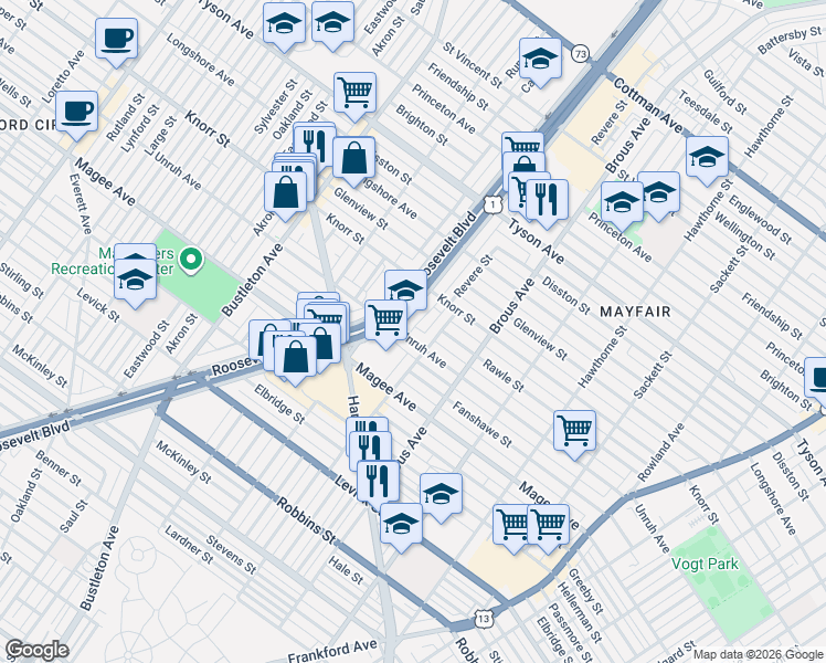 map of restaurants, bars, coffee shops, grocery stores, and more near 2711 Unruh Avenue in Philadelphia