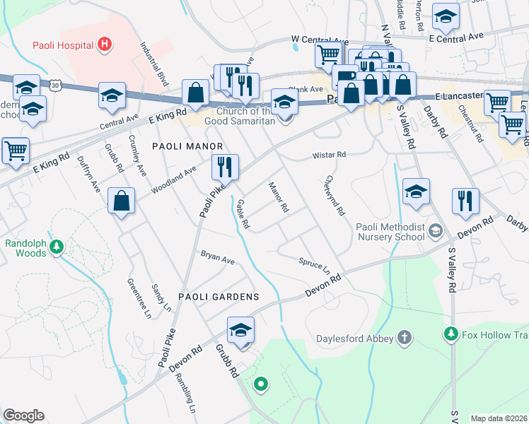 map of restaurants, bars, coffee shops, grocery stores, and more near 108 Lynbrook Road in Paoli