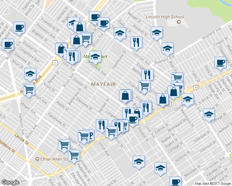 map of restaurants, bars, coffee shops, grocery stores, and more near 3204 Brighton Street in Philadelphia