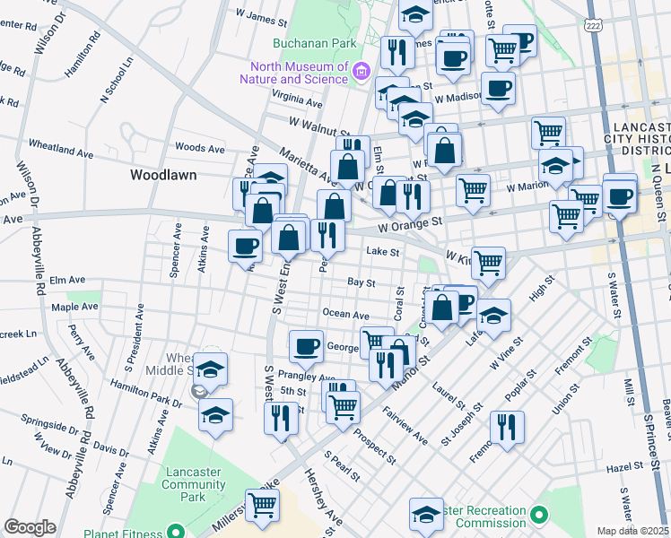 map of restaurants, bars, coffee shops, grocery stores, and more near 734 1st Street in Lancaster