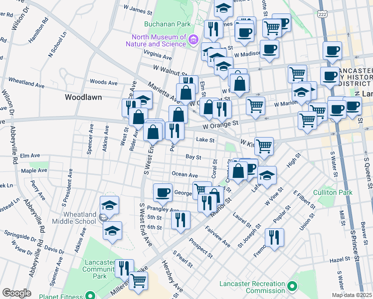 map of restaurants, bars, coffee shops, grocery stores, and more near 714 1st Street in Lancaster