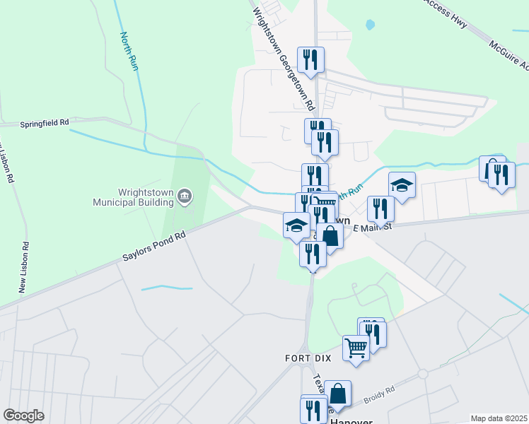 map of restaurants, bars, coffee shops, grocery stores, and more near 56 West Main Street in Wrightstown
