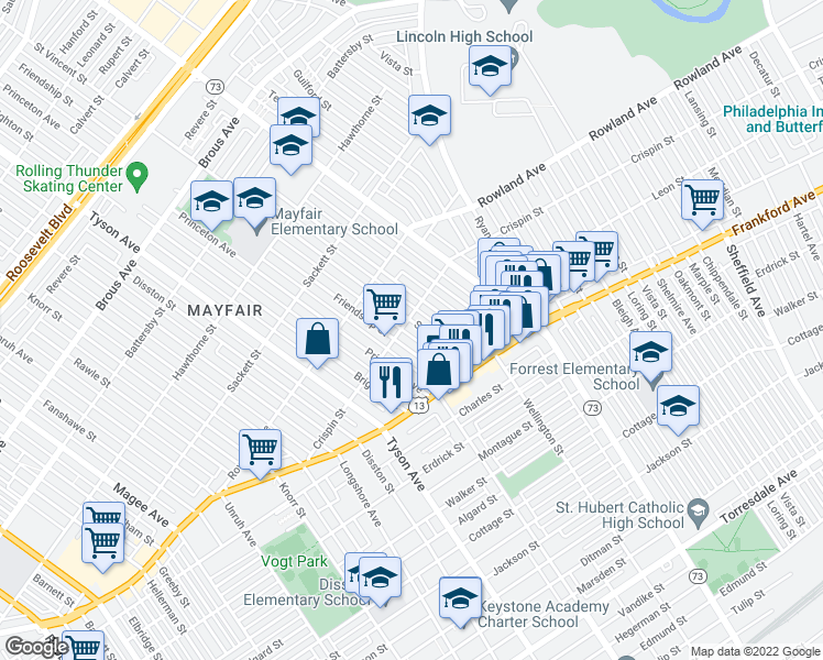 map of restaurants, bars, coffee shops, grocery stores, and more near 3406 Saint Vincent Street in Philadelphia