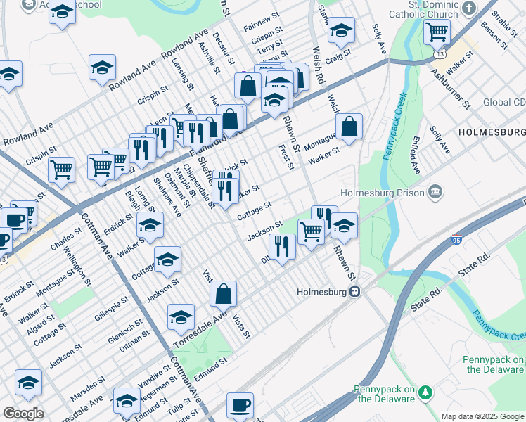 map of restaurants, bars, coffee shops, grocery stores, and more near 7767 Cottage Street in Philadelphia