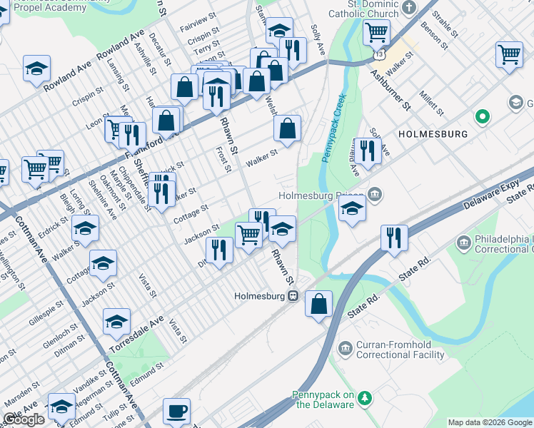 map of restaurants, bars, coffee shops, grocery stores, and more near 8020 Ditman Street in Philadelphia