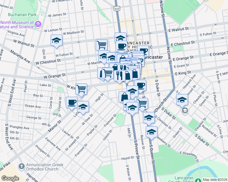 map of restaurants, bars, coffee shops, grocery stores, and more near 34 South Arch Street in Lancaster