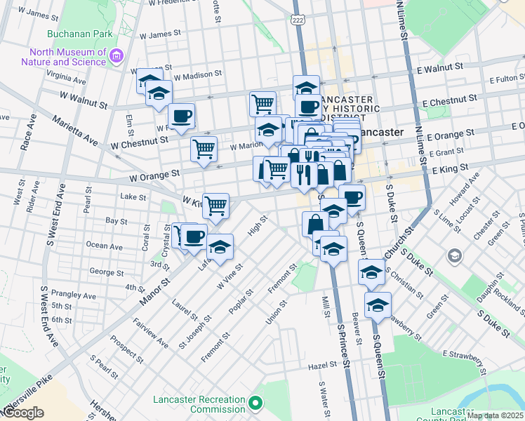 map of restaurants, bars, coffee shops, grocery stores, and more near 51 West Strawberry Street in Lancaster