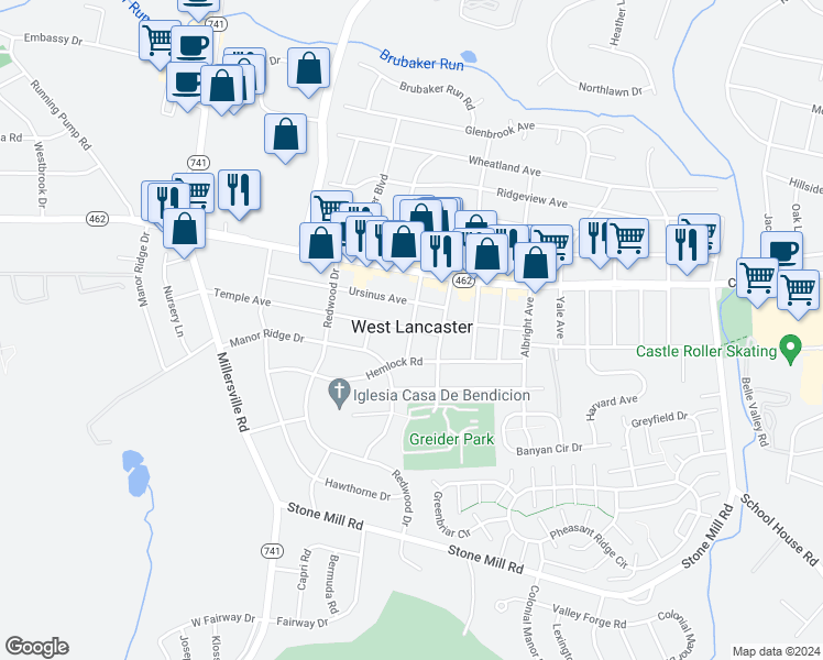 map of restaurants, bars, coffee shops, grocery stores, and more near 100 Eastman Avenue in Lancaster