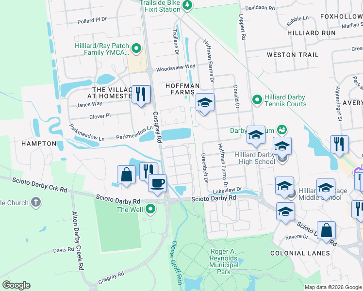 map of restaurants, bars, coffee shops, grocery stores, and more near 6001 Coventry Bend Drive in Hilliard