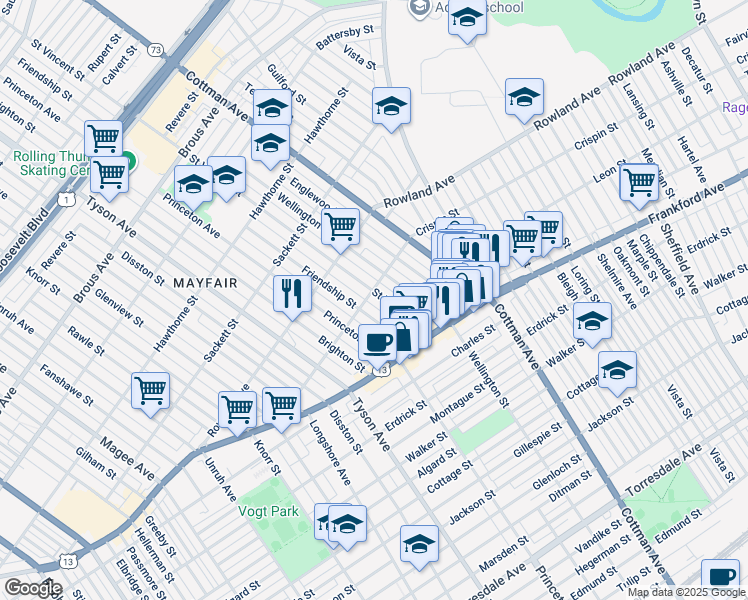 map of restaurants, bars, coffee shops, grocery stores, and more near 3406 Saint Vincent Street in Philadelphia