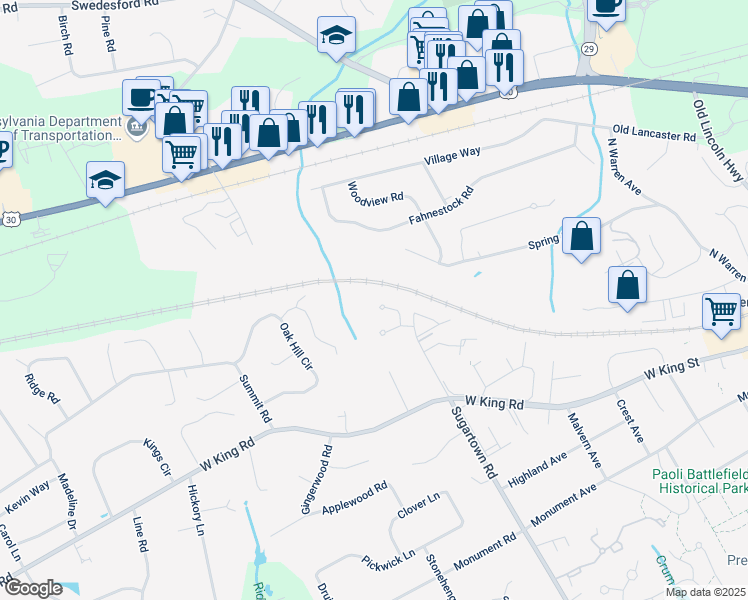 map of restaurants, bars, coffee shops, grocery stores, and more near 36 Sugar Ridge Lane in Malvern
