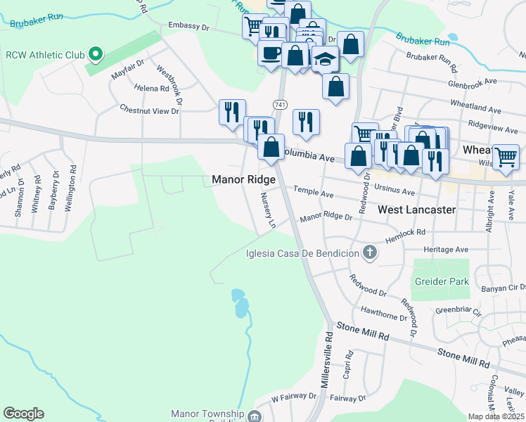 map of restaurants, bars, coffee shops, grocery stores, and more near 114 Nursery Lane in Lancaster