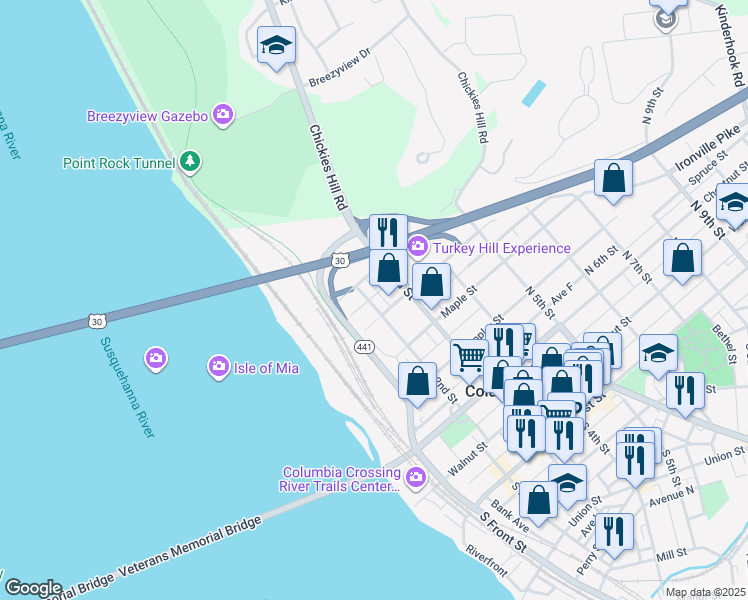 map of restaurants, bars, coffee shops, grocery stores, and more near 519 North 2nd Street in Columbia