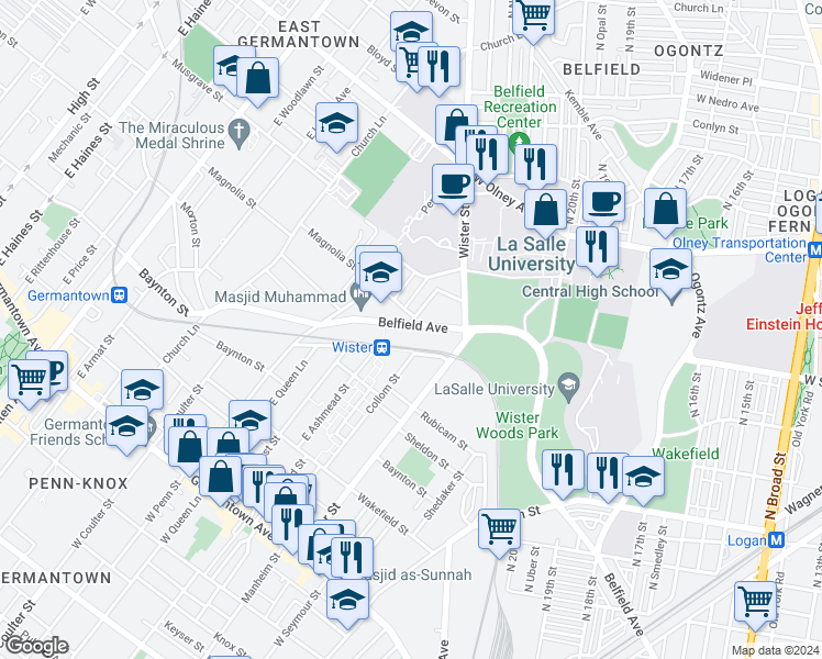 map of restaurants, bars, coffee shops, grocery stores, and more near 5200 Belfield Avenue in Philadelphia