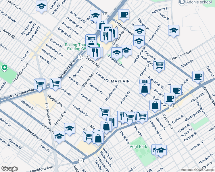 map of restaurants, bars, coffee shops, grocery stores, and more near 3023 Longshore Avenue in Philadelphia
