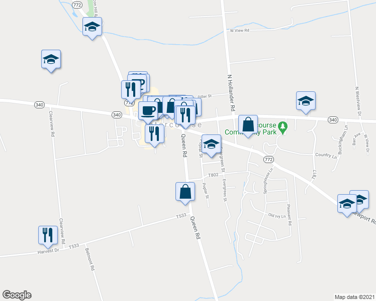 map of restaurants, bars, coffee shops, grocery stores, and more near 17 Queen Road in Gordonville