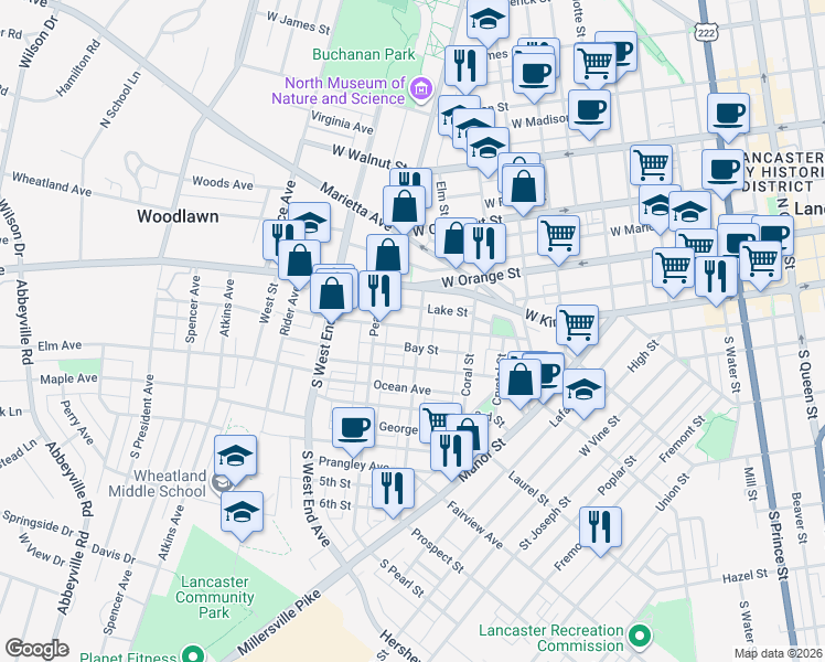 map of restaurants, bars, coffee shops, grocery stores, and more near 107 Ruby Street in Lancaster
