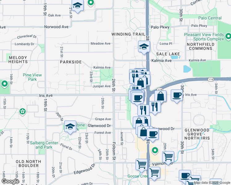 map of restaurants, bars, coffee shops, grocery stores, and more near in Boulder