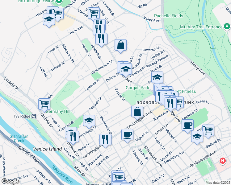 map of restaurants, bars, coffee shops, grocery stores, and more near 392 Fairway Terrace in Philadelphia