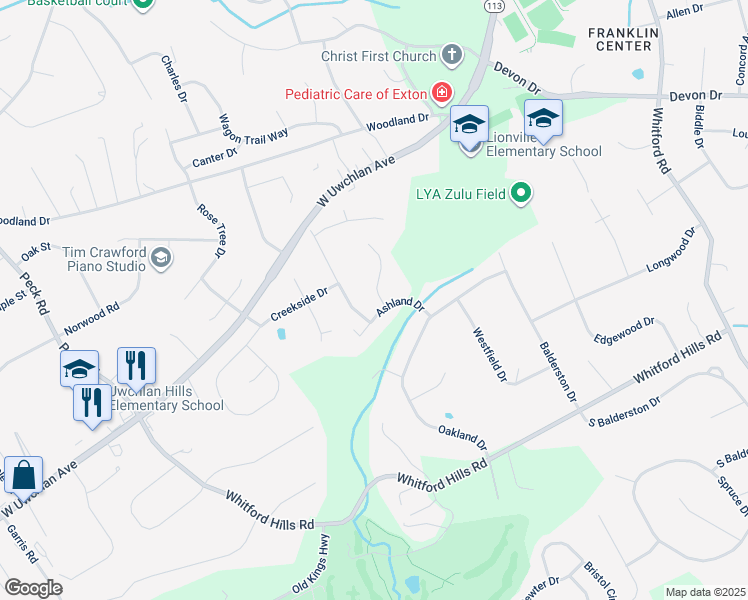map of restaurants, bars, coffee shops, grocery stores, and more near 20 Karrens Way in Downingtown