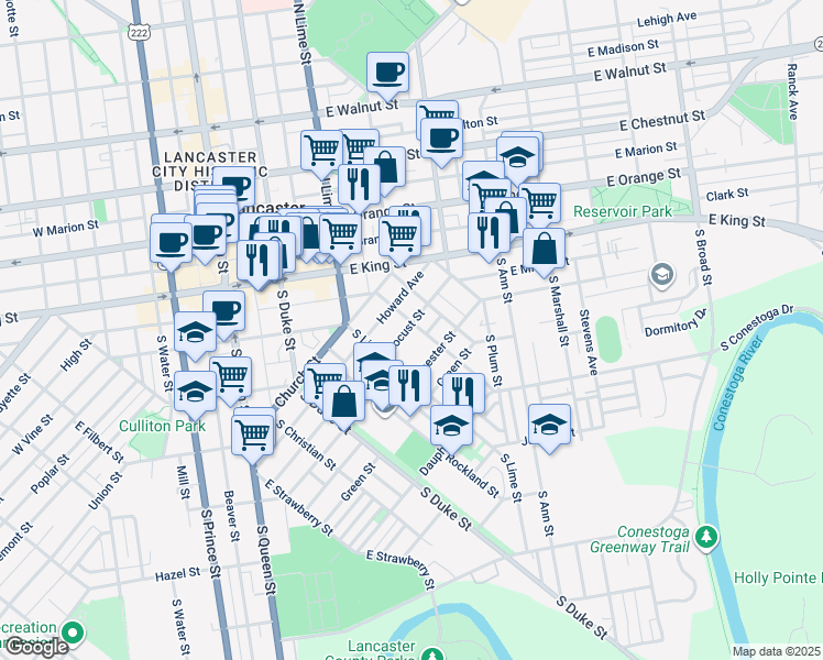 map of restaurants, bars, coffee shops, grocery stores, and more near 105 Locust Street in Lancaster