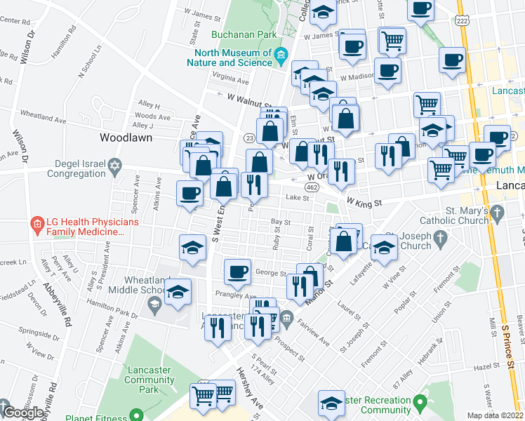 map of restaurants, bars, coffee shops, grocery stores, and more near 730 1st Street in Lancaster