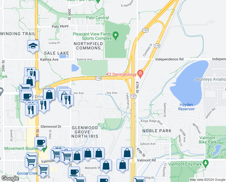 map of restaurants, bars, coffee shops, grocery stores, and more near 3673 Iris Avenue in Boulder