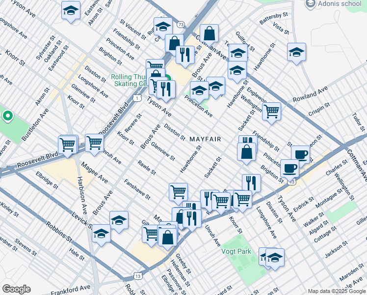 map of restaurants, bars, coffee shops, grocery stores, and more near 3023 Longshore Avenue in Philadelphia