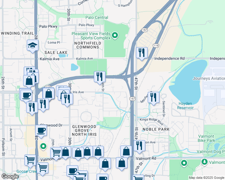 map of restaurants, bars, coffee shops, grocery stores, and more near 3673 Iris Avenue in Boulder