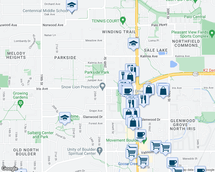 map of restaurants, bars, coffee shops, grocery stores, and more near 2610 Iris Avenue in Boulder
