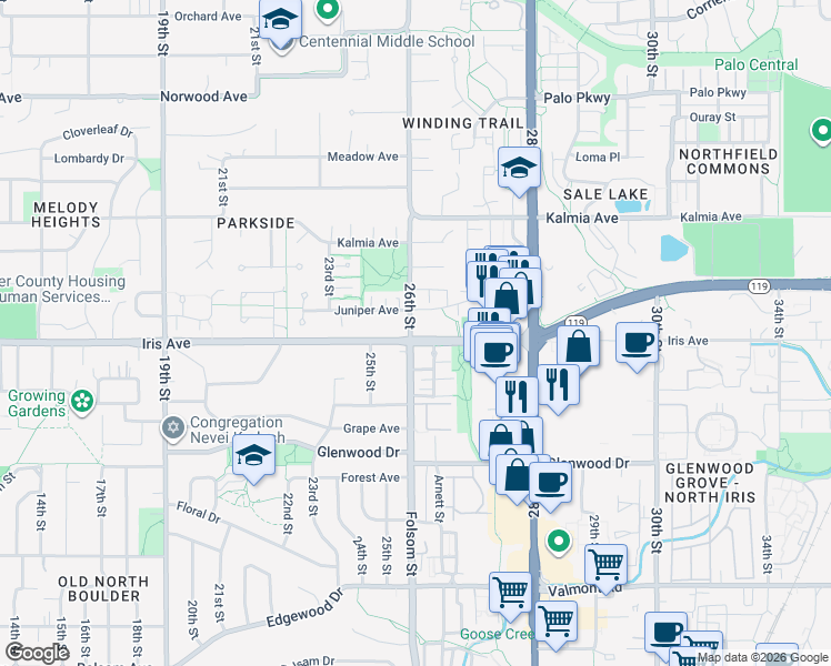 map of restaurants, bars, coffee shops, grocery stores, and more near in Boulder