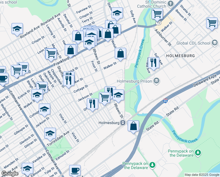 map of restaurants, bars, coffee shops, grocery stores, and more near 8020 Ditman Street in Philadelphia