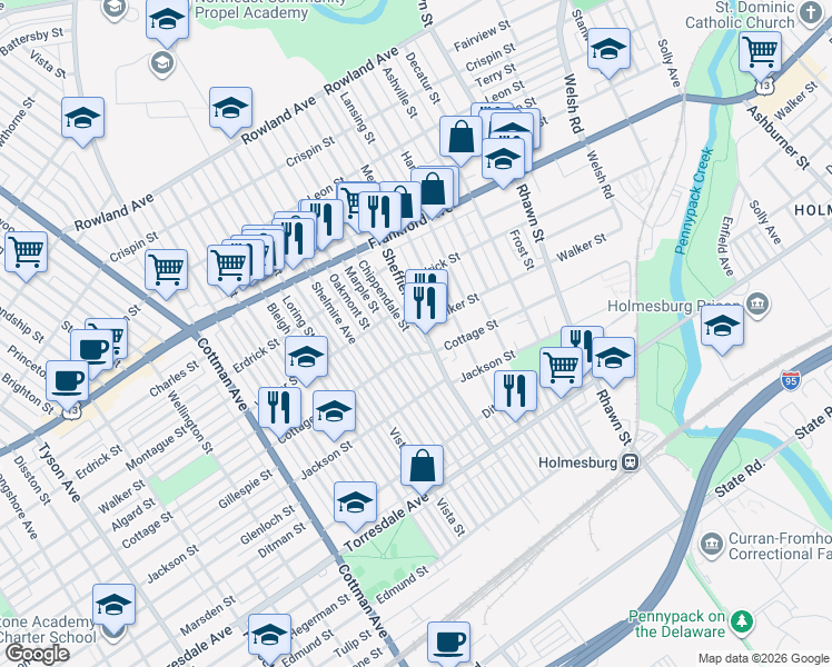 map of restaurants, bars, coffee shops, grocery stores, and more near 4317 Sheffield Avenue in Philadelphia