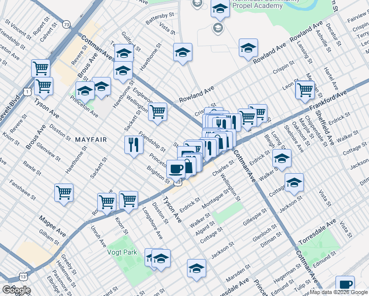 map of restaurants, bars, coffee shops, grocery stores, and more near 3430 Saint Vincent Street in Philadelphia