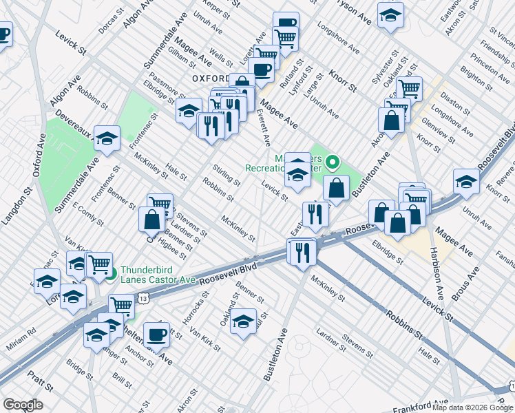 map of restaurants, bars, coffee shops, grocery stores, and more near 1545 Robbins Street in Philadelphia