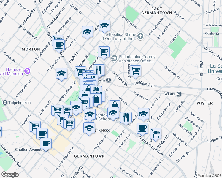map of restaurants, bars, coffee shops, grocery stores, and more near 5539 Lena Street in Philadelphia